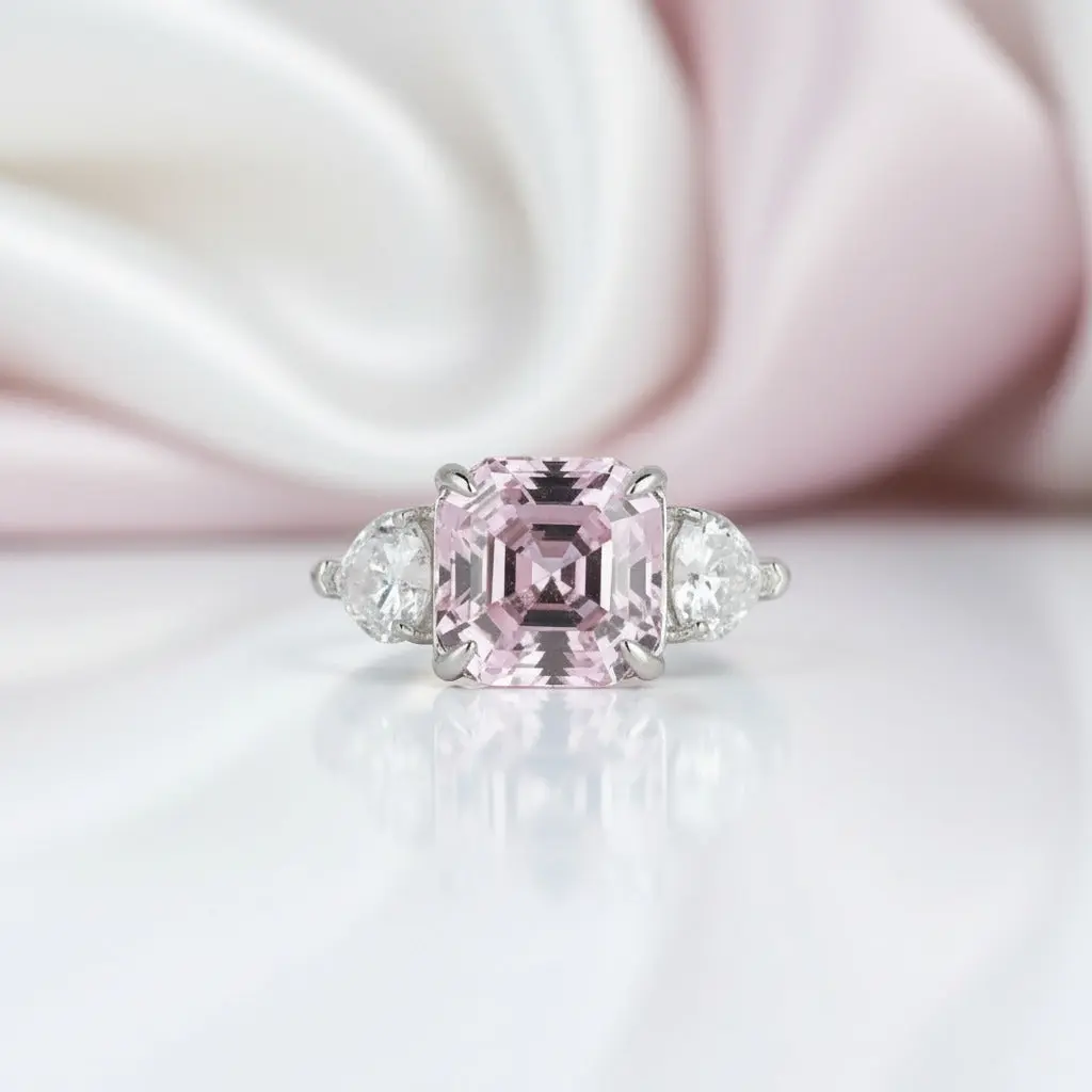 5ct Pink Sapphire Asscher Cut Three Stone Engagement Ring