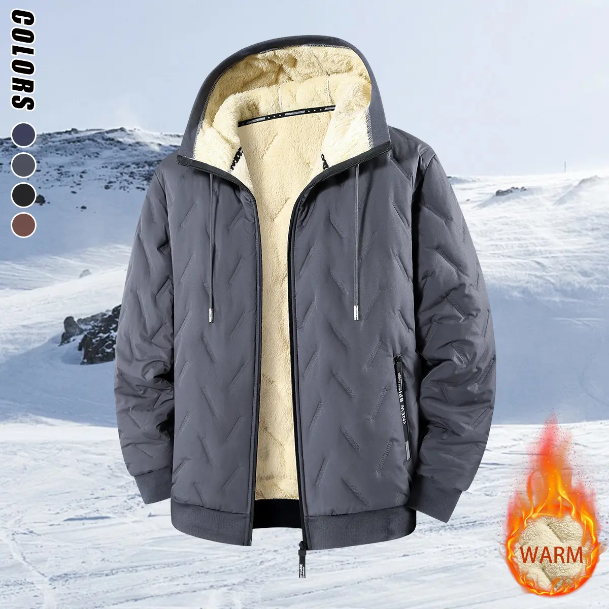 Unisex winter fleece-lined, thick jacket in a solid color with hood, zip closure, and pockets; suitable for everyday wear and leisure activities; men’s outerwear, cotton jacket, casual jacket.