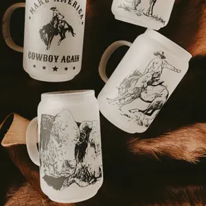 Frosted Western Printed Glass Cups with Handle - Cowboy Design, Durable Material, Reusable Drinkware Reuse Stylish
