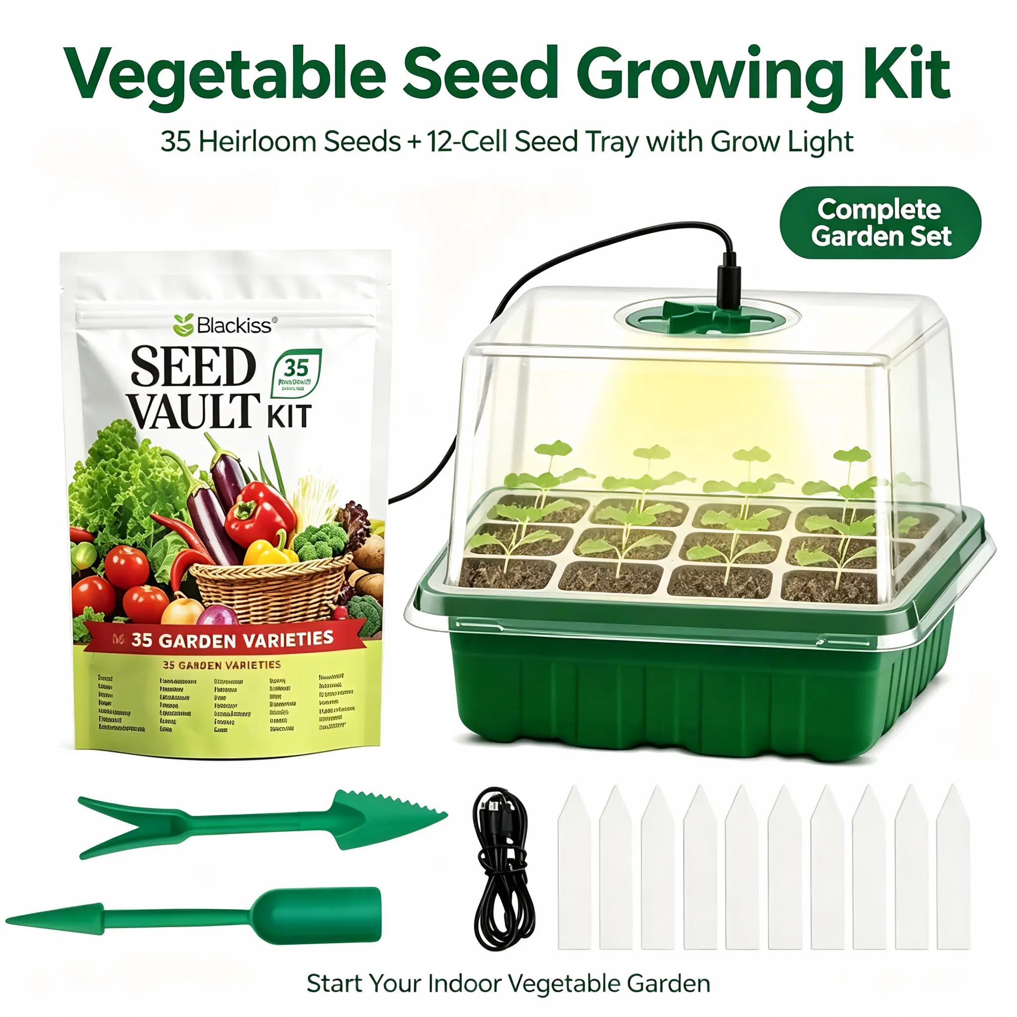35 Varieties Heirloom Vegetable Seeds Set with 12-Cell LED Grow Light Seed Starter Tray | Complete Indoor Gardening Kit