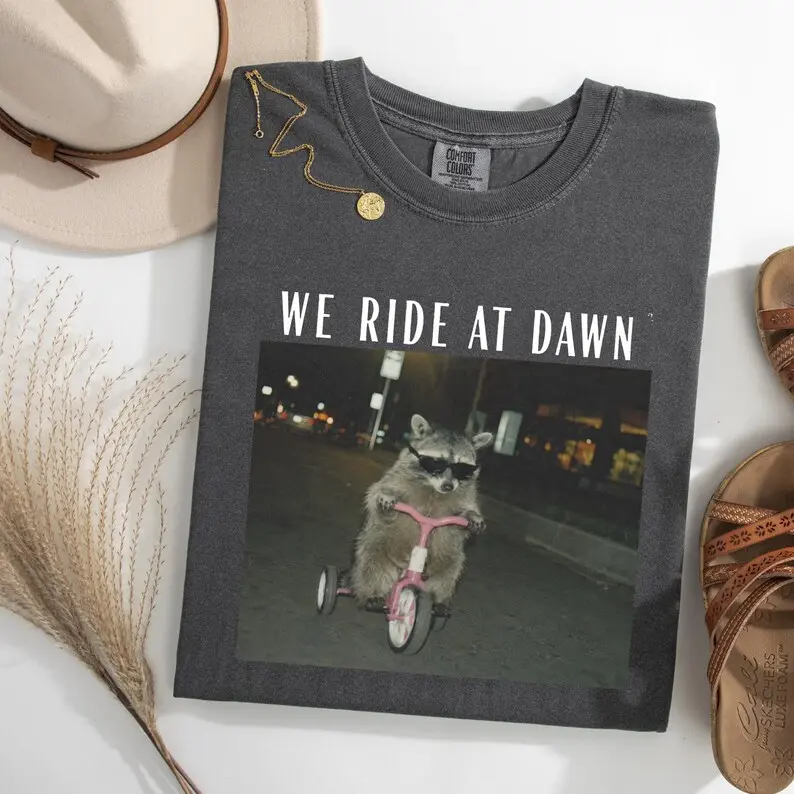Comfort Colors We Ride At Dawn T Shirt, Funny Racoon Tshirt, Chaotic T-shirt, Adult Humor Graphic Tee Gift Womenswear Cotton Top