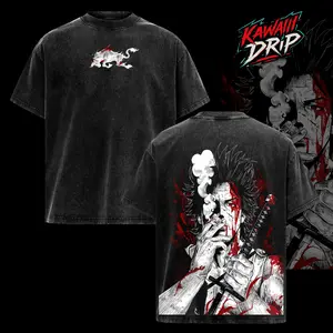 Yami Sukehiro x Black Bulls Black Clover Anime Double Printed Vintage Washed Tee Unisex Oversize Heavyweight Cotton T-shirt for Anime Fans and Lovers