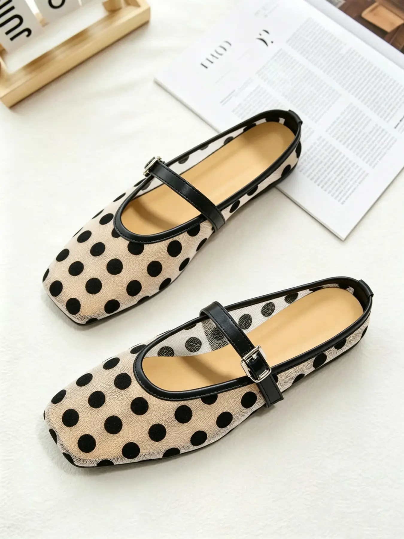 Women's Mary Jane Sandals, Polka Dot Mesh, Breathable Hollow Out, Square Toe Adjustable Buckle, Flat Soft Sole, Summer Casual Retro French Style, Mary Jane Shoes, Shoes Flats
