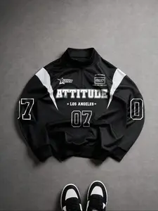 Men's Half-Zip Hoodie with Patchwork Racing Number Print, Casual Pullover Sweatshirt for Fall & Winter, Fitted Style