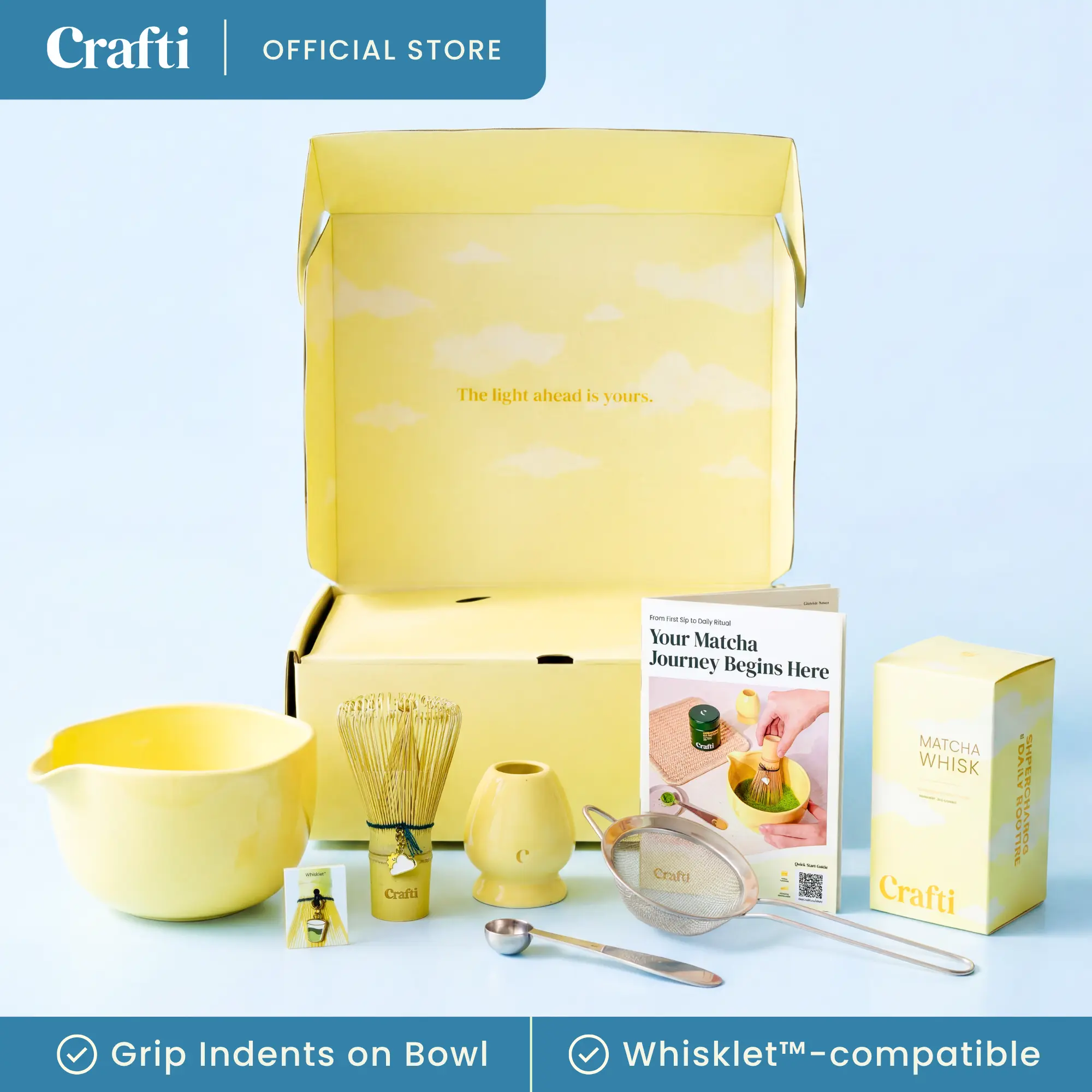 Crafti Golden Hour Matcha Whisk Set | Matcha Bowl with Spout, Chasen Bamboo Whisk, Whisk Holder and Whisklet Charms
