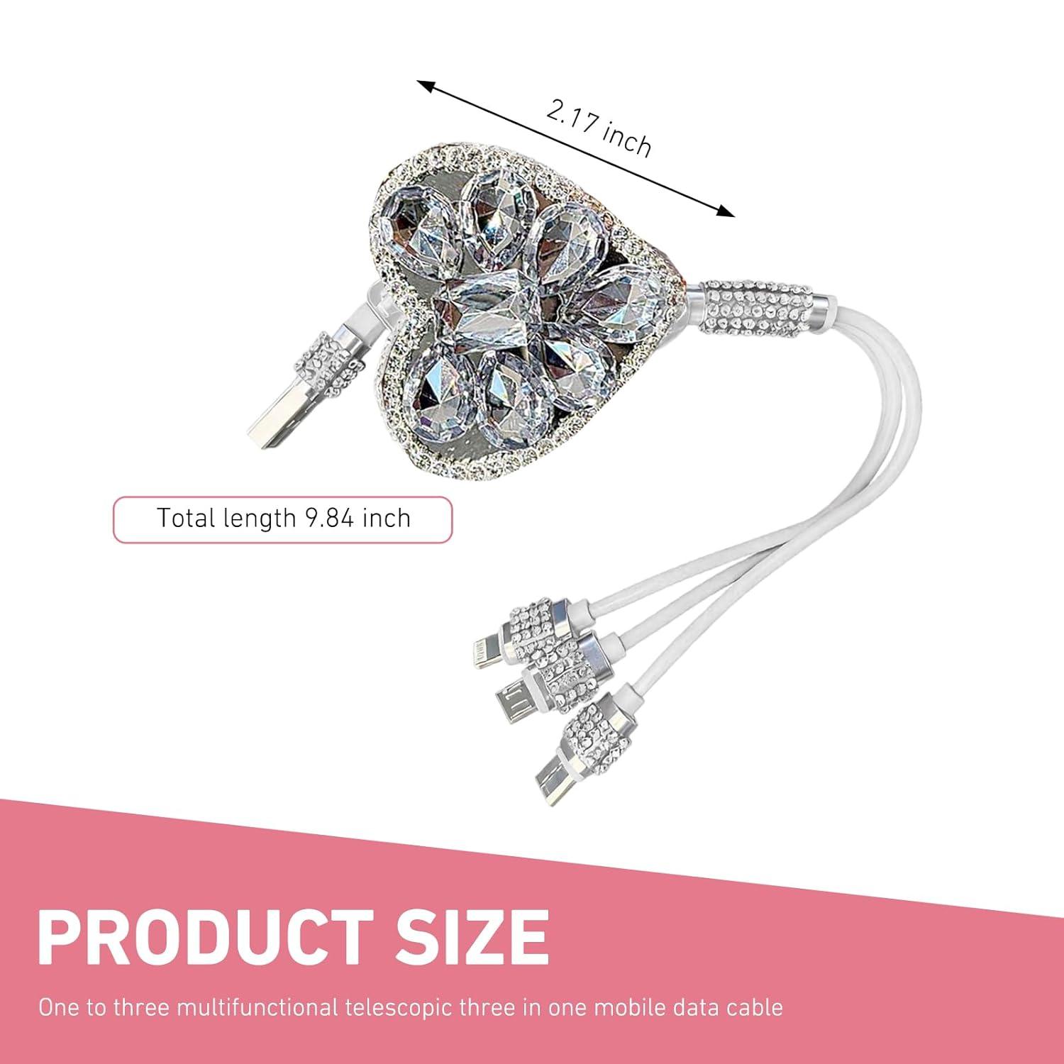 3-in-1 Bling Charger Cable Heart Rhinestone Crystal Sparkly Aesthetic Cute Car Decoration Phone Gift for Girls Women Viral TikTok