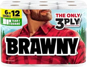 Brawny 6 Double Rolls 3-Ply Ultra Strong Super Absorbent Tear-A-Square Paper Towels for Kitchen & Household Cleaning - Pack of 12 Sheets