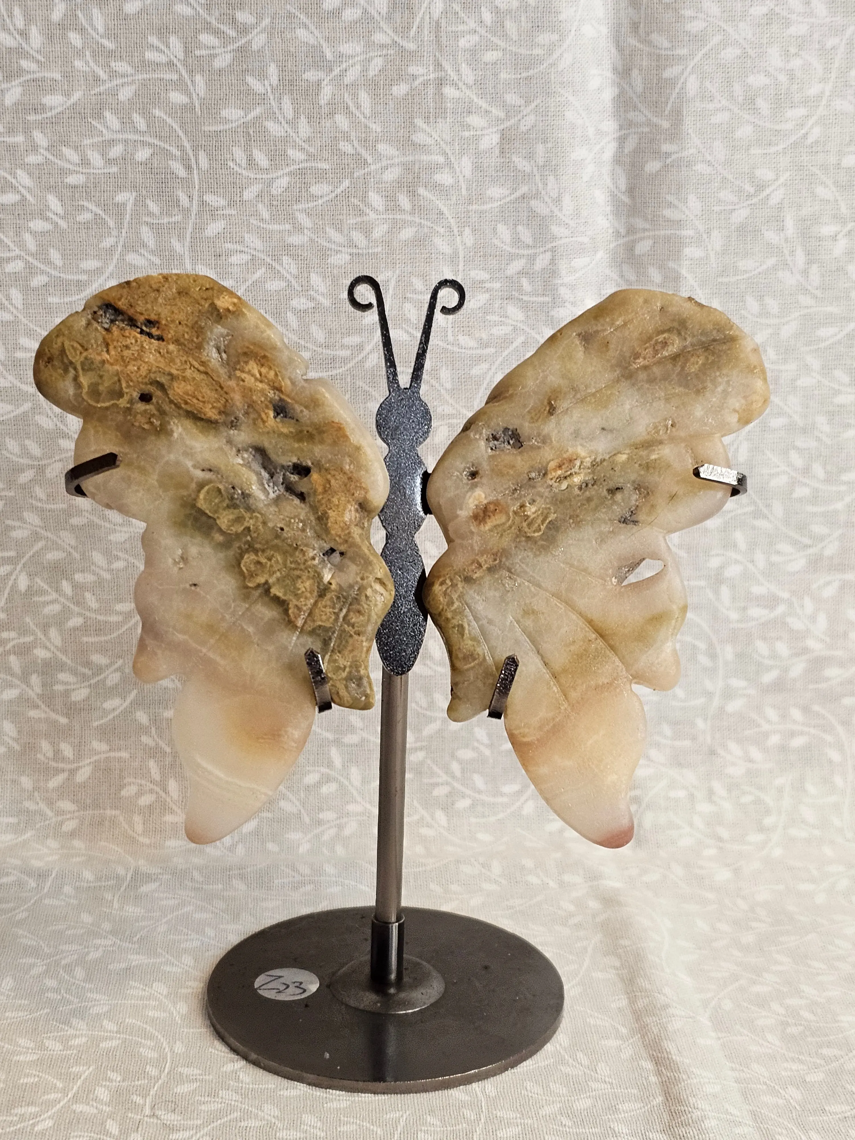 Flower Agate Crystal Butterfly Wings with Stand 5 Inch Natural Stone Decor for Home Spiritual Practices Emotional Healing Self Growth