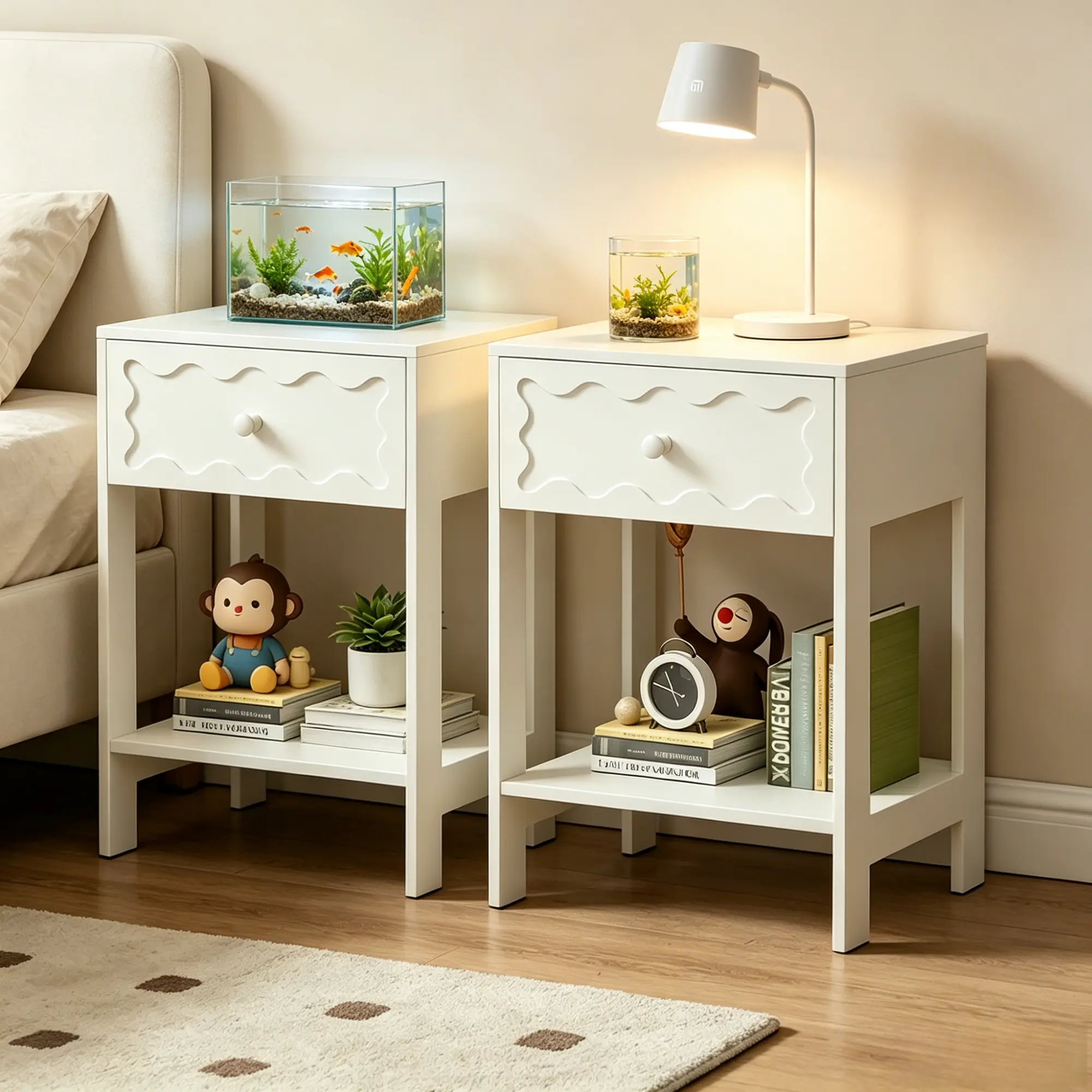 2-Piece White Wave Pattern Solid Wood Nightstands - Glide Function, 30 lbs Weight Capacity, Assembly Required, Hardware Included, Non-Customized Bedroom Storage Bedside End Tables