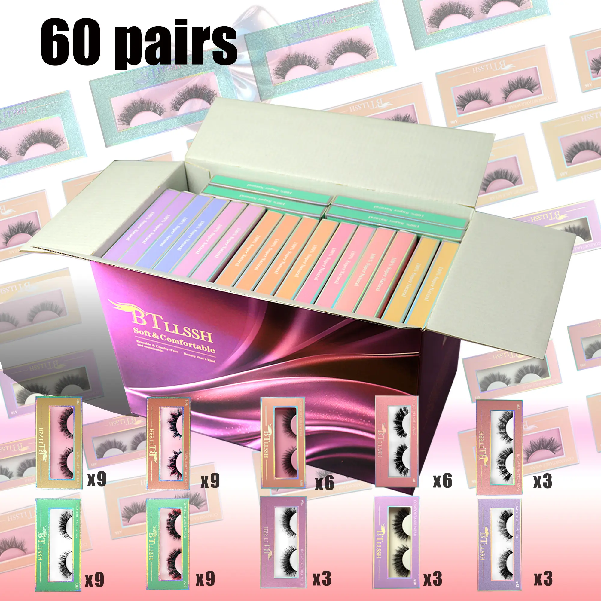 BTLLSSH 60 Pairs of False Eyelashes Russian Curly Strip Eyelashes Mix 10 Curly Natural Mink Hair Cross Thick Cat Eye Eyelashes Combination Cosmetics Makeup