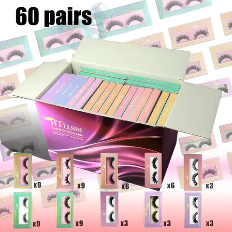 BTLLSSH 60 Pairs of False Eyelashes Russian Curly Strip Eyelashes Mix 10 Curly Natural Mink Hair Cross Thick Cat Eye Eyelashes Combination Cosmetics Makeup