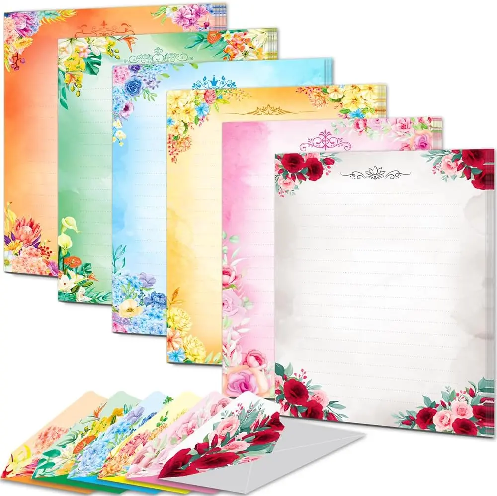 60 Pieces Cute Stationary Paper and Envelope Set, 8.5"x11" | 30 Sheets Thick Letter Paper, 30 Envelopes, Smooth Writing, No Bleed, 2 Sides Colored, 1 Side Lined, for Women, Romantic