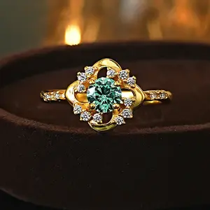 Green Round Ring for Women, Golden CZ, Vintage Floral Engagement Ring, Elegant Fashion Jewelry, Wedding Party Gift Accessory