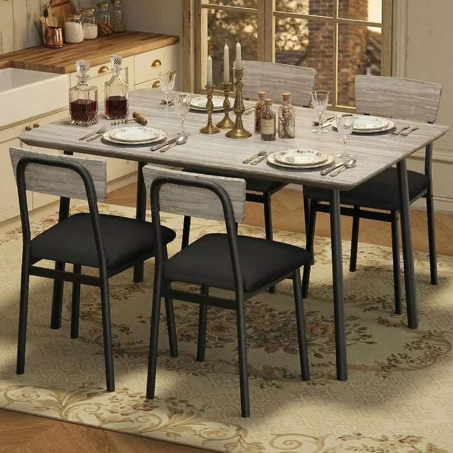 GARVEE Rectangular Rustic Gray Dining Table Set for 4 - 4 Upholstered Chairs with Soft Cushioning, Wood Table with Beveled Edge, Reinforced Frame, Easy Setup, Industrial Look for Dining Room & Kitchen Apartment