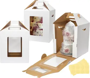3 Pack Tall Cake Boxes for Tier Cakes 14x14x16 Inch Disposable Layer Tall Baking Carrier with Window Large Tierd Bakery Take Out Transport Containers with Handle for Wedding, Birthday, Party