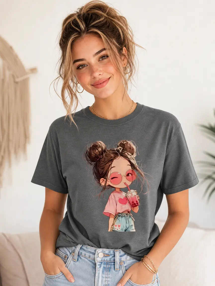 Women's Soft Cotton Fitted Round Neck Trendy Graphic T-Shirt - Short Sleeve Print Top with Cute Boba Tea Messy Bun Girl & Pink Sunglasses for Everyday Wear, Comfortable Style