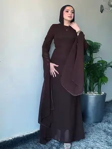 Muslim Ramadan Solid Chiffon Tight Long Dress, Elegant Cross-Bound Abaya, Loose-Fitting Ethnic Pattern, Women's Ball Gown Clothing, Modest Dress