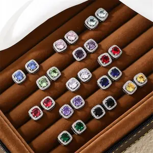 Men Women 925 Sterling Silver Plate Cubic Zirconia Halo Square Stud Earrings E36