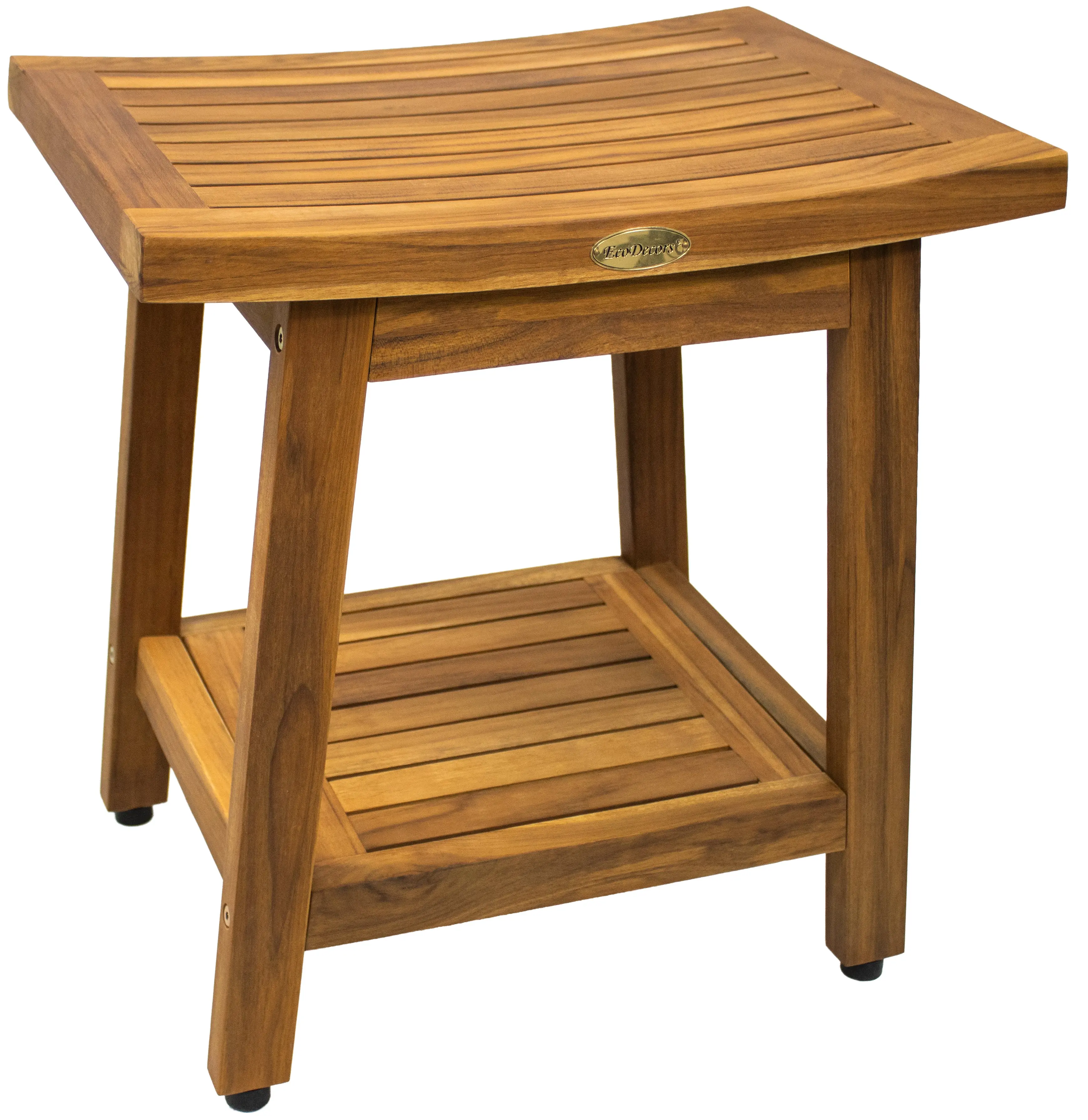 EcoDecors Eleganto Gold 18" Teak Wood Shower Bench with Shelf in Earthy Teak Finish