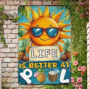 Vibrant 'Life is Better at The Pool' Metal Tin Sign – 8x12 Inch Retro Summer Decor with Smiling Sun, Palm Trees & Fashion Glasses – Rustic Outdoor Wall Art for Poolside, Garden, or Home, Pool Decor