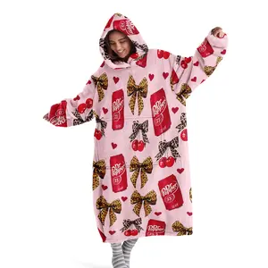 Hoodie blanket, wearable blanket, Cozy hooded blanket, leopard bow tie coke heart print hooded wearable blanket, digital printed flannel blanket, soft and warm suitable for sofa cover, air conditioning, nap blanket