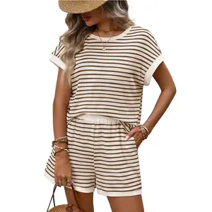 EncoLax Women's Stripe Knit Short Sleeve Tee Shirts & Shorts Set Casual Summer Loungewear Pink Striped 2 Piece Set