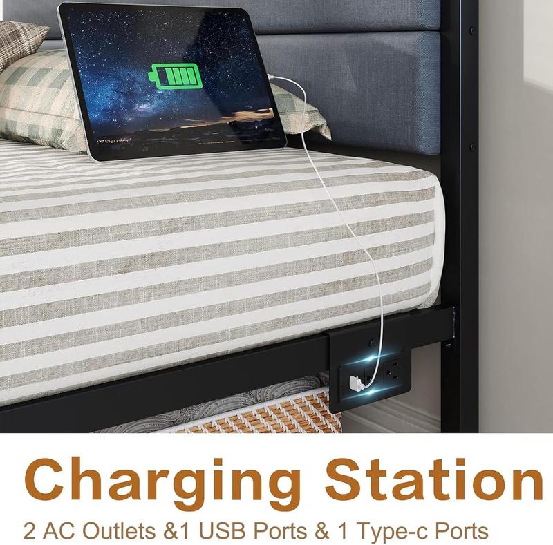 CollaredEagle Bed Frames with Charging Station, LED Lights Bed with Grey Upholstered Headboard, with Heavy Duty Slats Support, No Box Spring Needed, Noise Free, Easy Assembly.