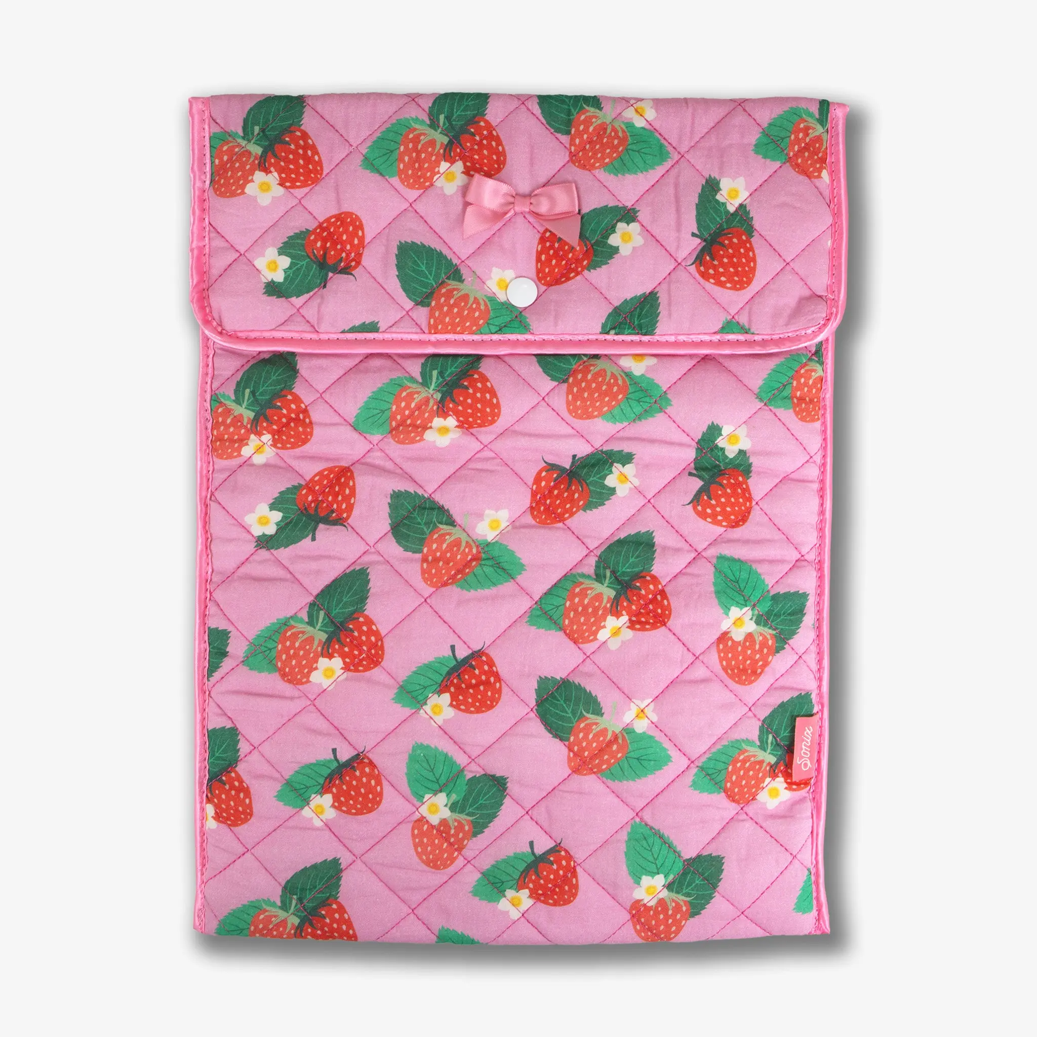 Quilted Cotton Laptop Sleeve for 13-14 Inch Devices, Casual Wild Strawberries Sweet Look Protector with Light Padding, Soft Satin Edge, Button Snap Closure, 15.5”x12”x.5” On-The-Go Functional Laptop Bag