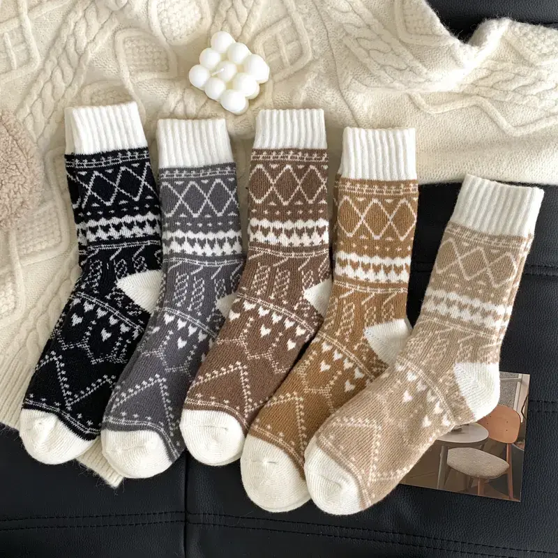 [5-Pack Thermal Socks] 5-Pack Thermal Winter Socks| Women's Mid-Calf Warm Socks with Ethnic Rhombus Pattern| Cozy Soft Fabric, Multi-Color Options, Fluffy Socks for Outdoor Cold Weather