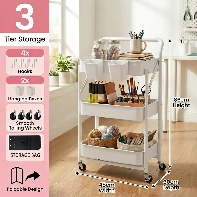3-Tier Foldable Multi-Compartment Metal Organizer Stand Utility Cart with Wheels, No-Installation Slim Storage Containers Rack for Kitchen,Bathroom, Includes Side Hanging Storage Organizer,Hooks,Bins (Black/White/Pink Home Supplies),
