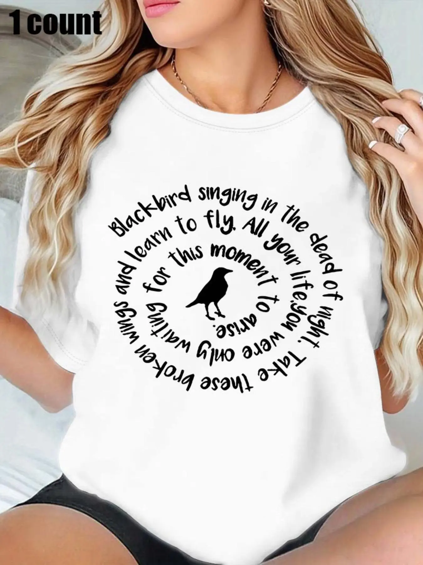 Artistic Blackbird Theme Short Sleeve Women T-Shirt, Inspirational Quote Print, Fitted Casual Style for All Seasons, Moderate Fabric Thickness