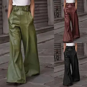 New Fashion Belt Leather Pants High Waist Loose Pockets Waist PU Leather Bell-Bottom Pants Casual Trousers Womenswear Comfort