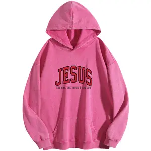 Wayii Fashion Women's Jesus Print Acid Wash Hoodie Vintage Sweatshirt Oversized Loose Fit Winter Warm Streetwear Casual Tunic graphic Crewneck