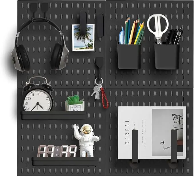 Pegboard Wall Organizer Kit, Modular Storage System, Black 4 Modular 11.8" Pegboards with Hooks & Storage Baskets, Durable ABS/HIPS for Gaming, Office, Craft & Home Organization