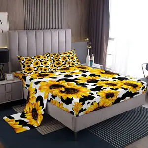 Sunflower Bedding Set for Girl,Boys Yellow Flowers Bed Sheet Set,Leopard Print Fitted Sheet,Black White Milk Cow Room Decor Floral Print Bedding Sheet