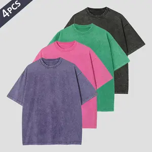 Women's 4-Pack Acid Wash Heavyweight Cotton T-Shirts - Women's Clothing Basics, Oversized Loose-Fitting Crew Neck, Short-Sleeve, Classic Casual Tops for Outdoor, All Seasons (Pair with Jeans)