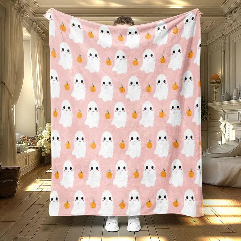 Cartoon Ghost & Pumpkin Pattern Blanket, 1 Count Soft Warm Throw Blanket, Air-conditioned Room Blanket, Warm Nap Blanket, Bedroom Accessories, Travel