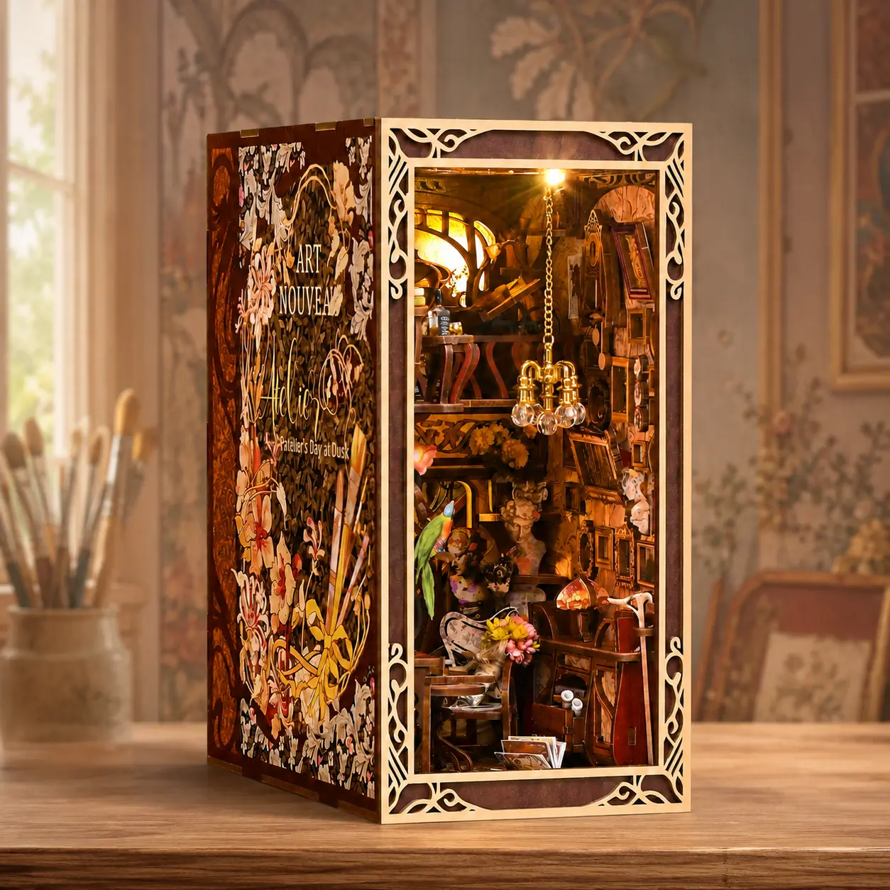 MiniCity Painter’s Day at Dusk Book Nook Kit, DIY Miniature Dollhouse Bookshelf Insert, 3D Wooden Puzzle with LED Light, Artist Studio Room Decor, Craft Gift for Adults and Teens