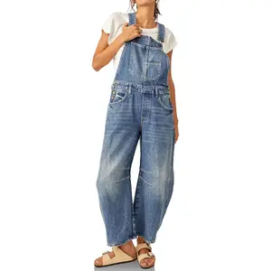FMEYOA Womens Denim Bib Overalls Barrel Leg Adjustable Strap Jean Pants Jumpsuits with Pockets
