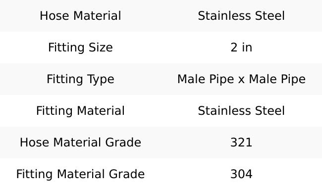 Made in USA 18" OAL, 2" ID, 450 Max psi, Flexible Metal Hose Assembly 2" Fitting, Male Pipe x Male Pipe End Connections, 304 Stainless Steel Fitting, 321 Stainless Steel Hose