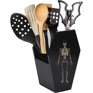 Halloween Kitchen Decor - Gothic Kitchen Accessories - Goth Coffin Utensil Holder, Dual-Sided Laser-Etched Skeleton, Solid Wood Large Capacity for Bats Spoons Skull Spatulas - Spooky Home Decor