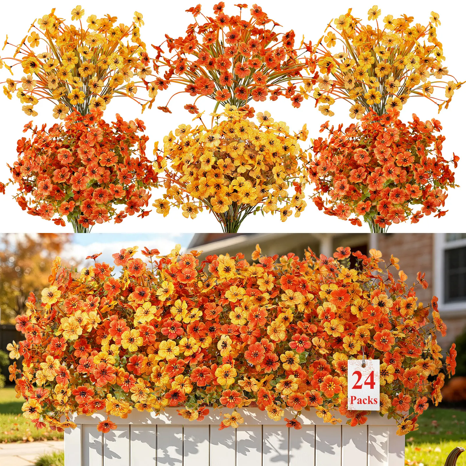 24 Bundles Fall Artificial Flowers, UV Resistant Eucalyptus & Violet Stems, Realistic Faux Flowers for Indoor Outdoor Home Decor, Porch, Garden, Harvest & Autumn Decorations