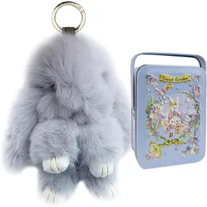 Bunny Plush , Soft Fluffy Keyring with Tin Box, PomPom Charms Gifts for Key & Bags