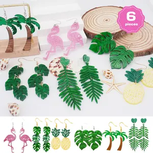 6 Pairs Women's Tropical Earrings Coconut Tree Pineapple Palm Leaves Earhook Eardrops Retro Hollow Green Earrings Flamingo Drop Dangle Earrings High-Quality Materials Best Gift Choice