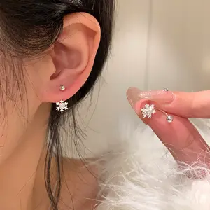 Snowflake-Shaped Double Screw Earrings - Copper Construction, Silver Posts, Hypoallergenic, Luxurious Feel