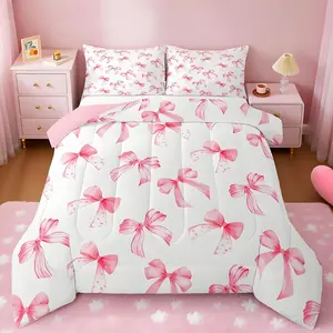 Feelyou Kawaii Pink Bow Bedding Set - Microfiber Soft Breathable Fabric, Princess Look Design, Ultra Soft Bow Pattern Comforter, Multi-Size Duvet Quilt for Kids