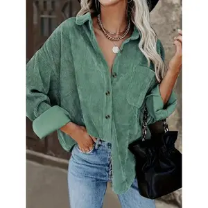 Women’s plain corduroy shirt with front button closure and pockets, casual drop-shoulder long-sleeve blouse top for spring and fall, ladies’ clothing for everyday wear