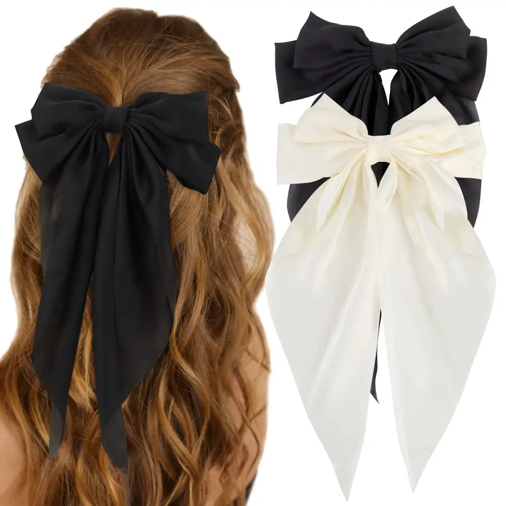 2PCS Large Satin Hair Bow Clips for Women and Girls, Oversized Black & White Ribbon Barrettes with Long Tails, Elegant Silky Hair Accessories for Daily Styling and Special Occasions
