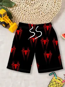 Boys' beach shorts "Spider-Man Dark Suit Edition" with black background and red spider print + drawstring elastic waist design, cool and eye-catching, instantly enhancing the atmosphere of playing in the water at the summer pool/beach!