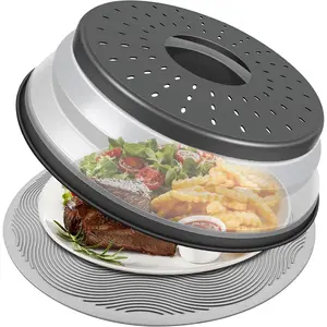 10 Inch Microwave  Cover & Collapsible  Mat - Splatter Guard, Plate Holder & Kitchen Colander for Meal Prep, Charcoal